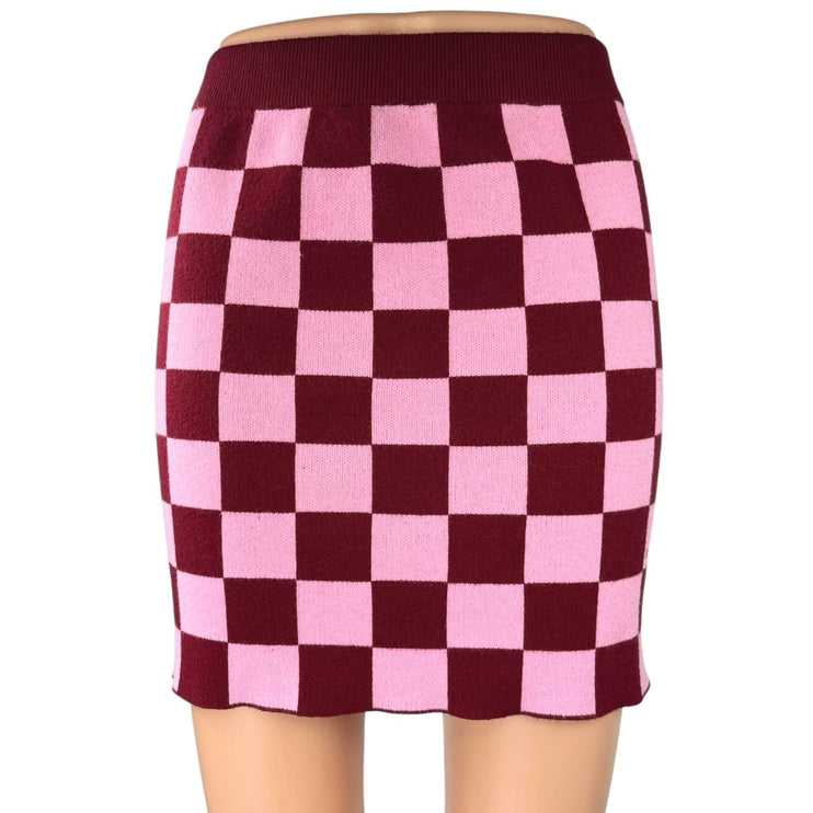 Forever 21 Maroon Pink Checkered Plaid Knitted Mini Pencil Bodycon Skirt Size M