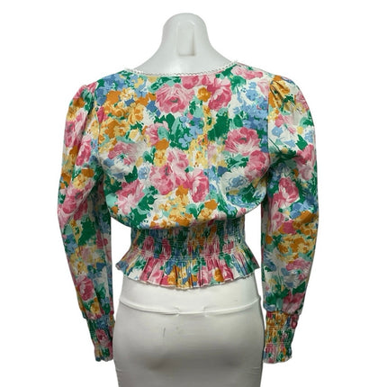 Wayf Multicolor Floral Garden Long Sleeve Lace Smocked Peplum Crop Top Size M