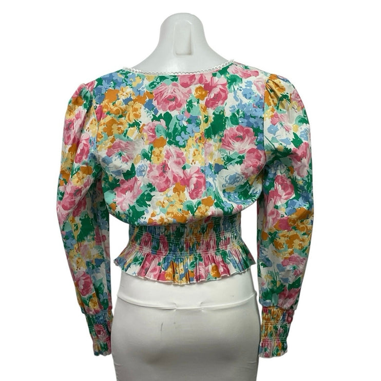 Wayf Multicolor Floral Garden Long Sleeve Lace Smocked Peplum Crop Top Size M