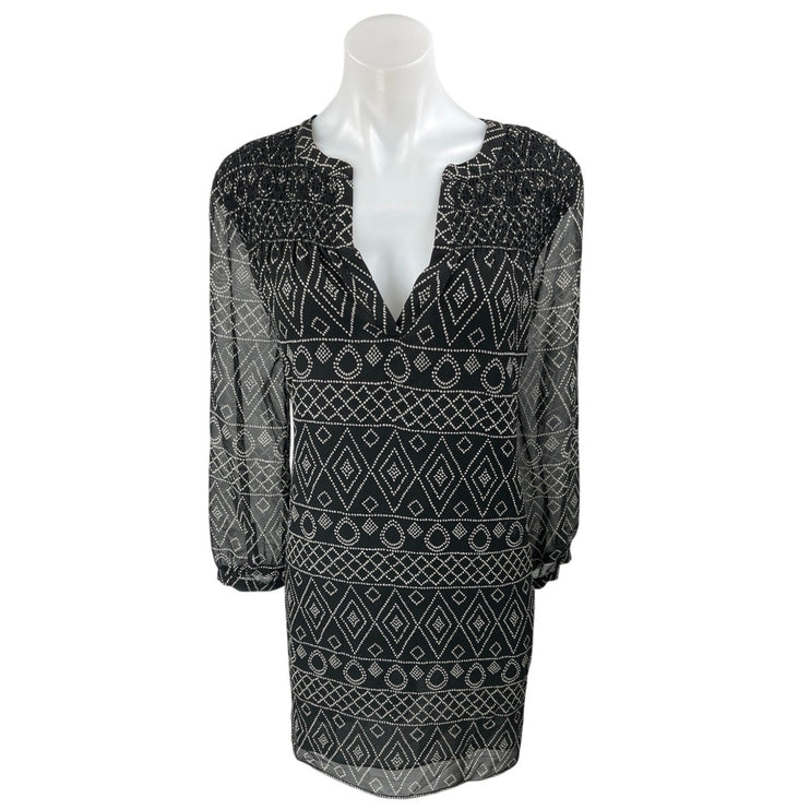Madewell Black Tribal Southwest Print Smocked Long Sleeve Mini Shift Dress Sz M