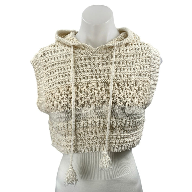Zara Women's Cream Crochet Open Knit Sleeveless Hooded Hoodie Crop Tank Top Sz S