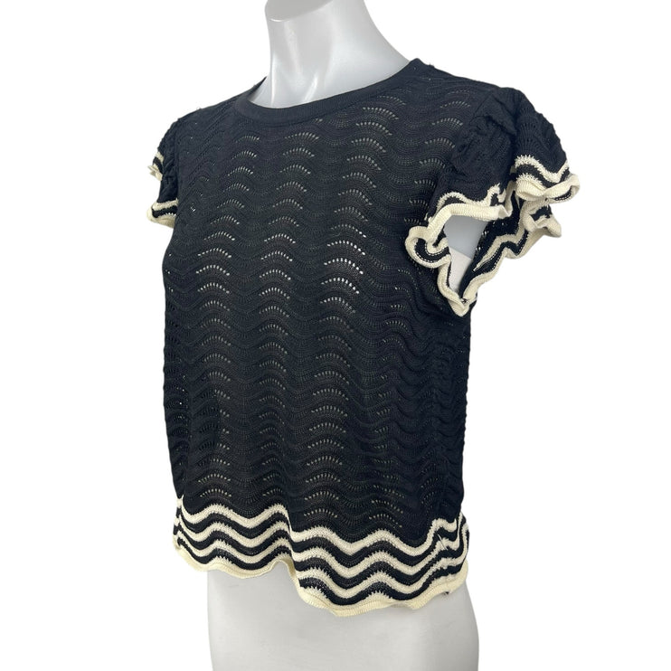 Solitaire Black Crochet Knit Short Flutter Sleeve Crop Sweater Blouse Top Size M