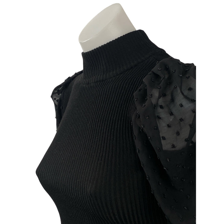 Crave Fame Women's Black Swiss Dot Long Sleeve Mesh Mock Neck Blouse Top Size XS