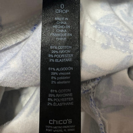 Chico's So Slimming Girlfriend Crop Blue White Paisley Floral Denim Jeans Size 0