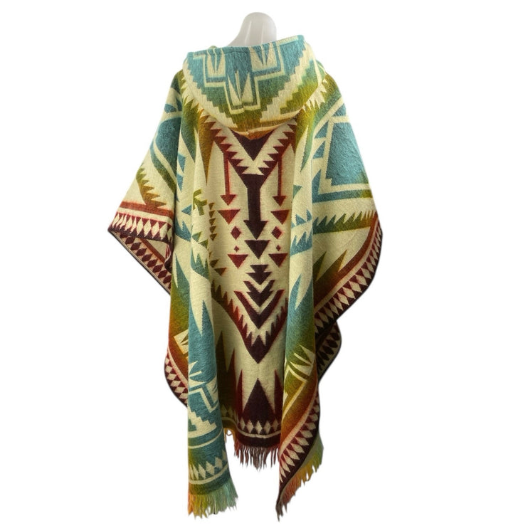 Runa Arts 100% Wool Multicolor Aztec Tribal Hoodie Hooded Fringe Poncho Sweater