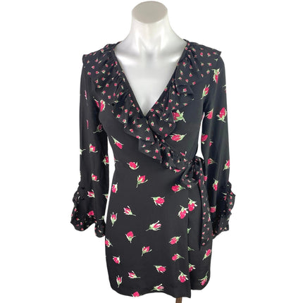 Club Monaco 100% Silk Black Floral Ruffle Long Sleeve V-Neck Mini Wrap Dress 0