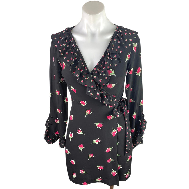 Club Monaco 100% Silk Black Floral Ruffle Long Sleeve V-Neck Mini Wrap Dress 0