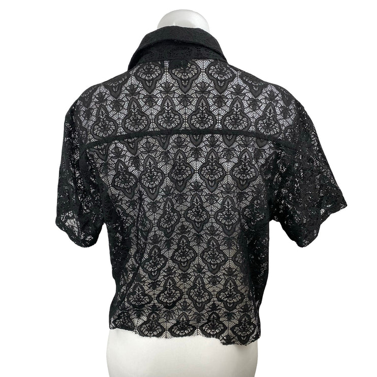 Forever 21 Men's Black Floral Lace Sheer Mesh Short Sleeve Button Up Shirt Top S