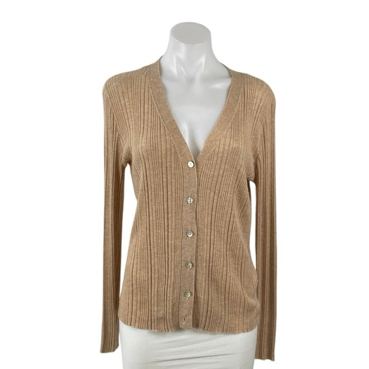 Zara Tan Ribbed Knit Long Sleeve V Neck Button Down Cardigan Sweater Top Size L