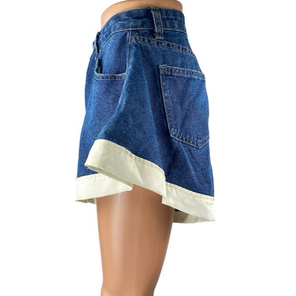 Cider Women's Blue Medium Wash High Waisted Flared Wide Leg Denim Jeans Shorts M