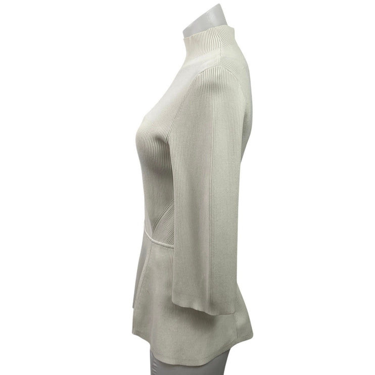 L.K. Bennett White Mock Neck Ribbed Knit 3/4 Sleeve Peplum Sweater Top Size S