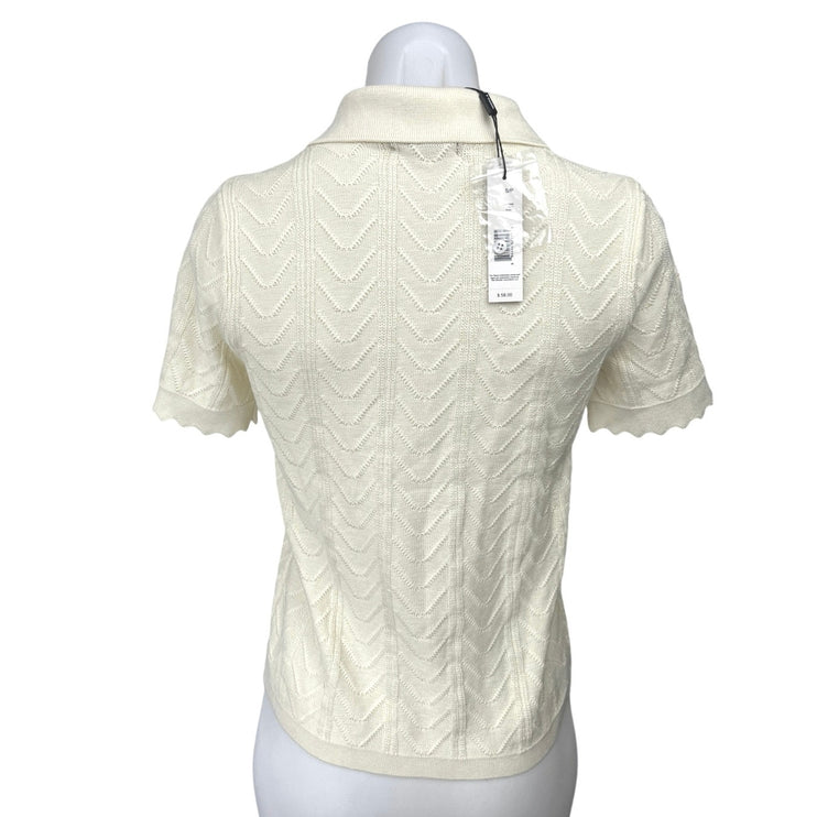 NEW Tahari Cream Knit Chevron Scalloped Short Sleeve Polo Shirt Top Size S