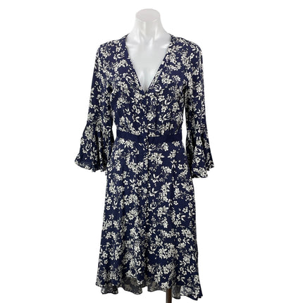 Likely Blue Floral Long Bell Sleeve Deep V Neck Midi Fit & Flare Dress Size 4