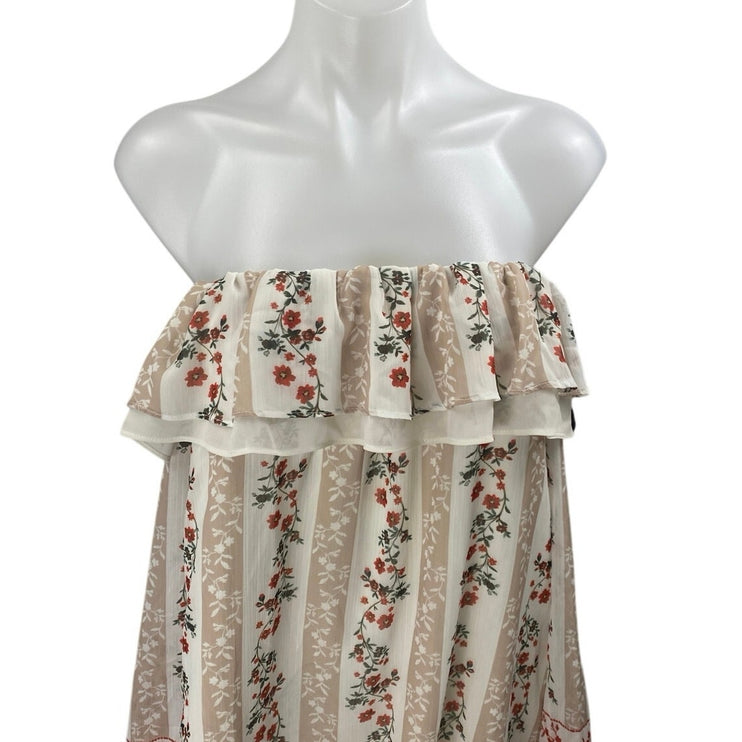 Endless Rose Beige Floral Strapless Bandeau Tube Ruffle Tiered Mini Dress Size S
