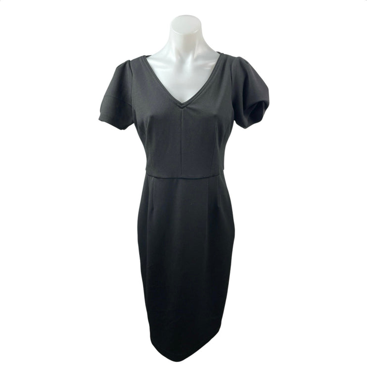 Maggy London Black Short Puff Sleeve V Neck Pencil Midi Sheath Dress Size 4