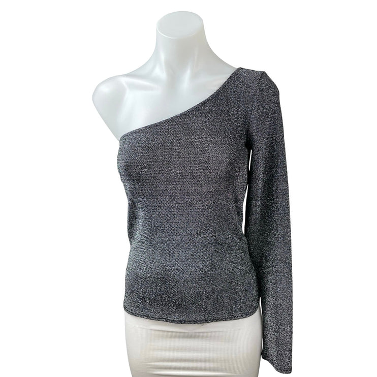 Reformation Sparkly Sterling Metallic Gray One Shoulder Long Sleeve Blouse Top S