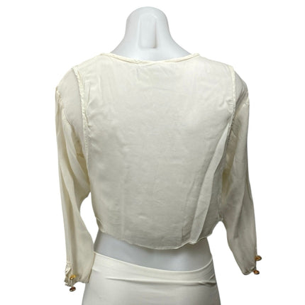 Dorothy Schoelen Cream Long Sleeve Boxy V Neck Pullover Crop Blouse Top Size XXS