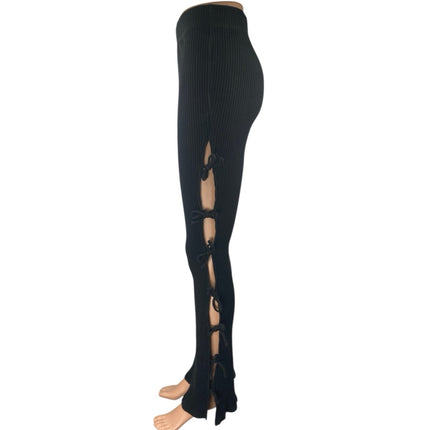 White Fox Women's Black Rib Knit Cutout Knot Side Flared Trousers Pants Size S