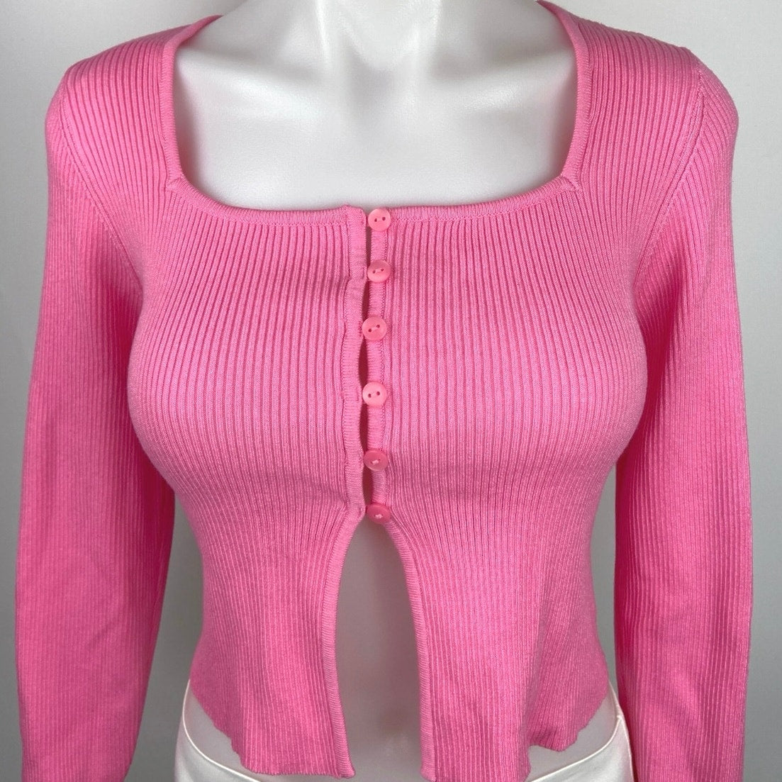 Primark Pink Y2K Ribbed Knit Button Up Square Neck Chic Cardian