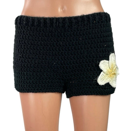 Women's Black White Plumeria Hibiscus Crochet High Waisted Beach Summer Shorts S