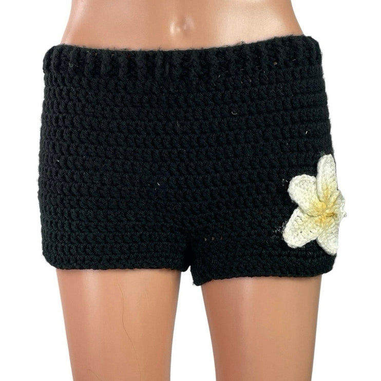 Women's Black White Plumeria Hibiscus Crochet High Waisted Beach Summer Shorts S