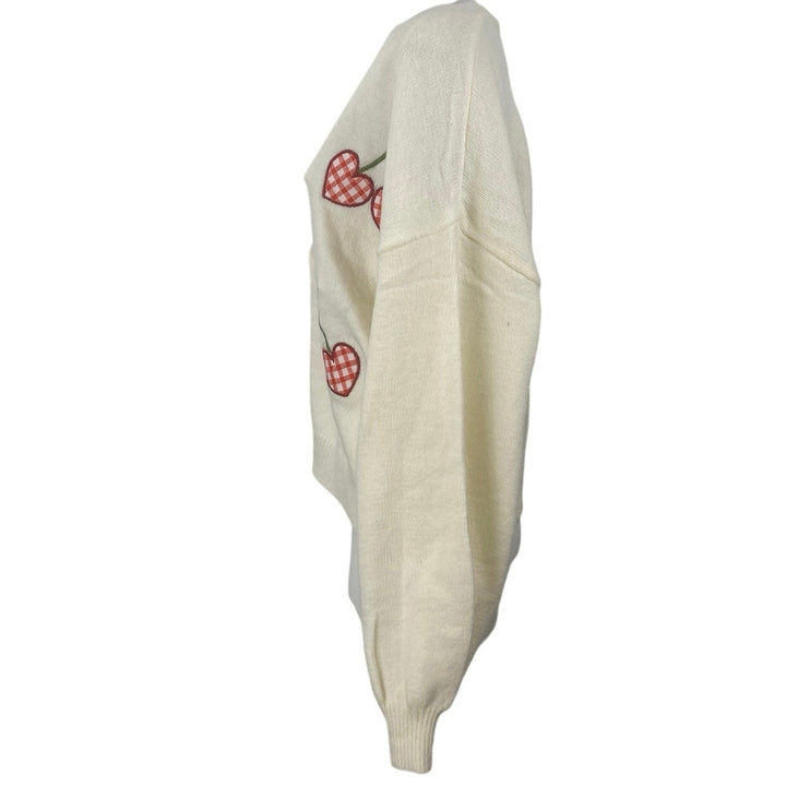Debut Heart Cherry Embroidery Long Sleeve Button Cardigan Sweater Jacket Sz M/L