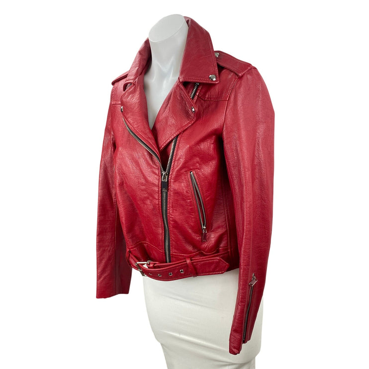 Zara Womens Red Faux Leather Vegan Long Sleeve Full Zip Moto Biker Jacket Size M