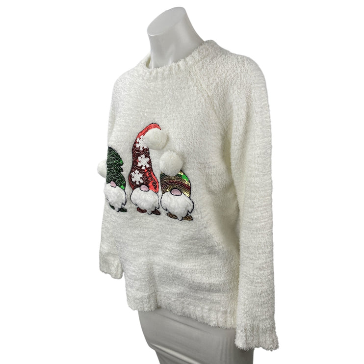 Merry Christmas by Poof White Gnomes Fleece Sequin Long Sleeve Sweater Top Sz M