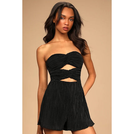 NEW Lulus Black Strapless Tube Bandeau Cutout Pleated Plisse Romper Shorts Sz S