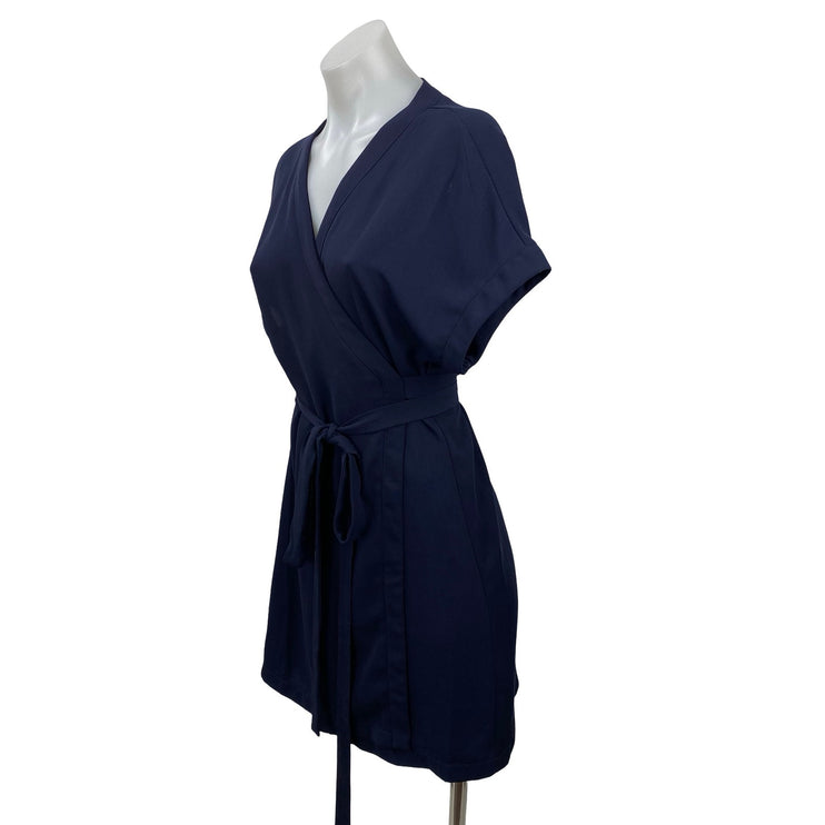 Tobi Women's Navy Blue V Neck Short Sleeve Tie Waist Midi A-Line Wrap Dress Sz S