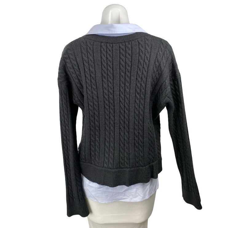 Women's Black Cable Knit Layered Shirt Long Sleeve V Neck Sweater Top Size M