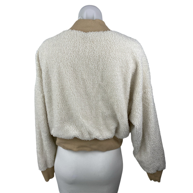 Fabletics Malia Polar Fleece White Brown Mock Neck Long Sleeve Sweater Top Sz M