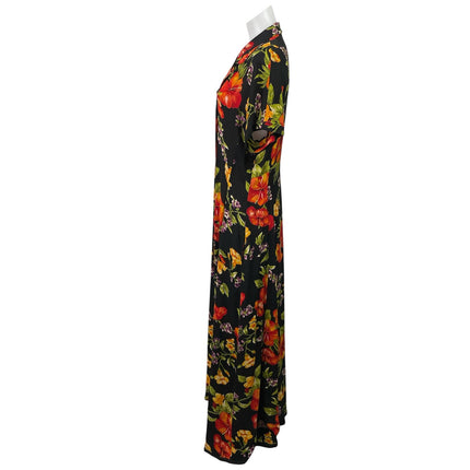 Jones New York Black 100% Silk Floral V Neck Button Up Maxi Shirt Dress Size 12
