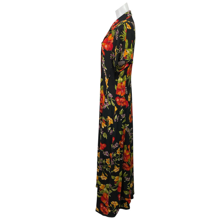 Jones New York Black 100% Silk Floral V Neck Button Up Maxi Shirt Dress Size 12