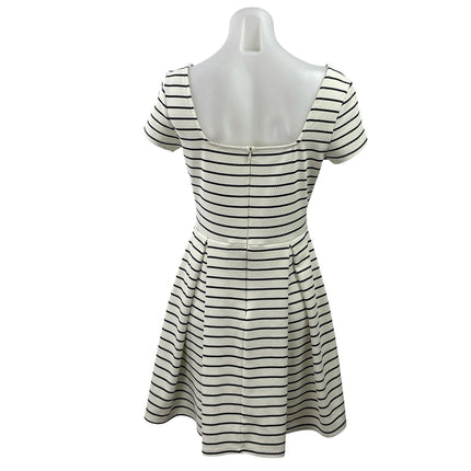 Soprano White Striped Pleated Short Sleeve Square Neck Mini Fit & Flare Dress S