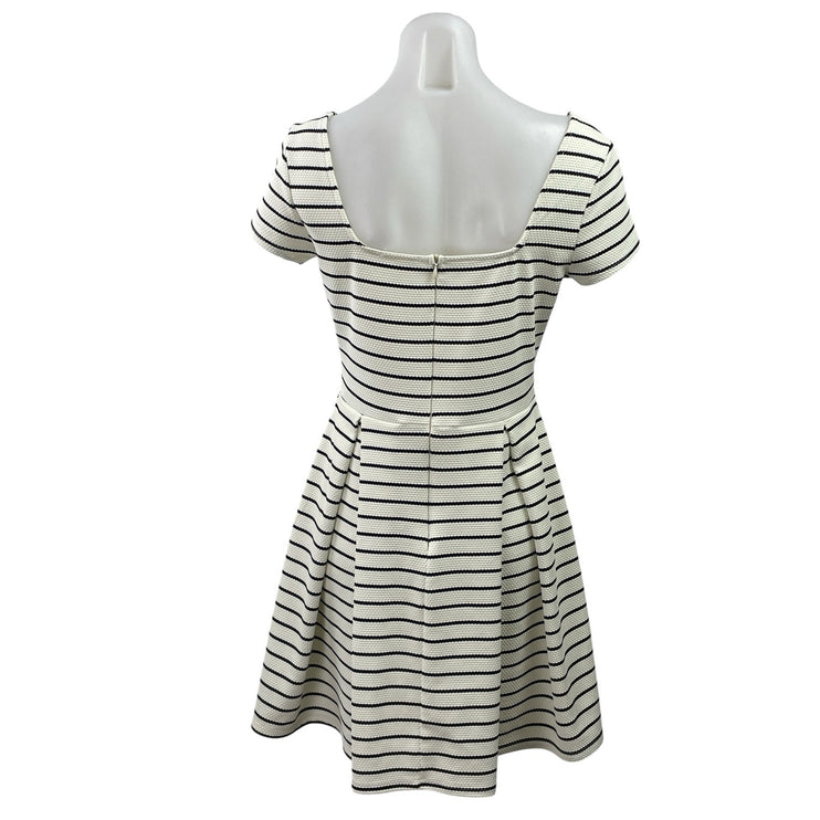 Soprano White Striped Pleated Short Sleeve Square Neck Mini Fit & Flare Dress S