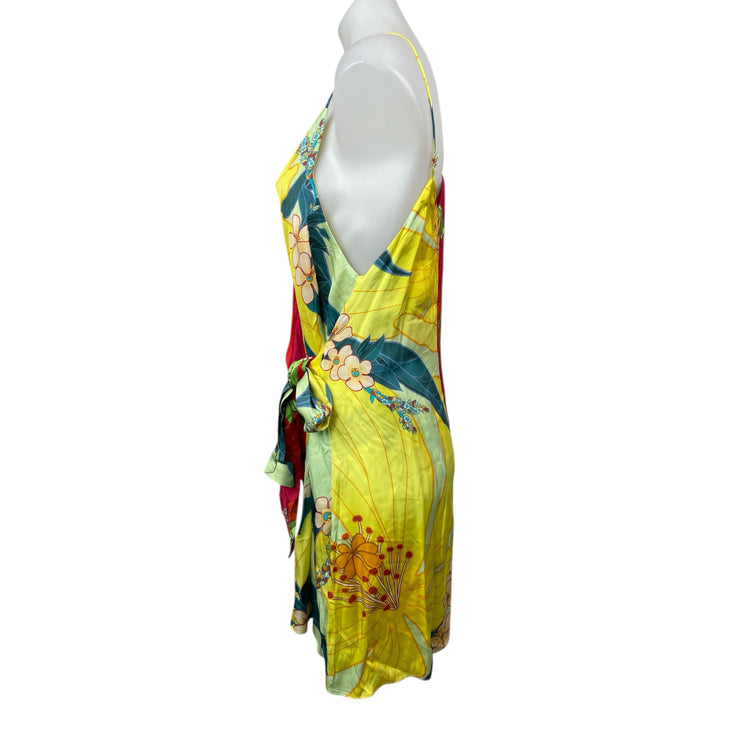 NEW Farm Rio Multicolor Floral Satin Sleeveless V Neck Mini Tie Wrap Dress Sz M