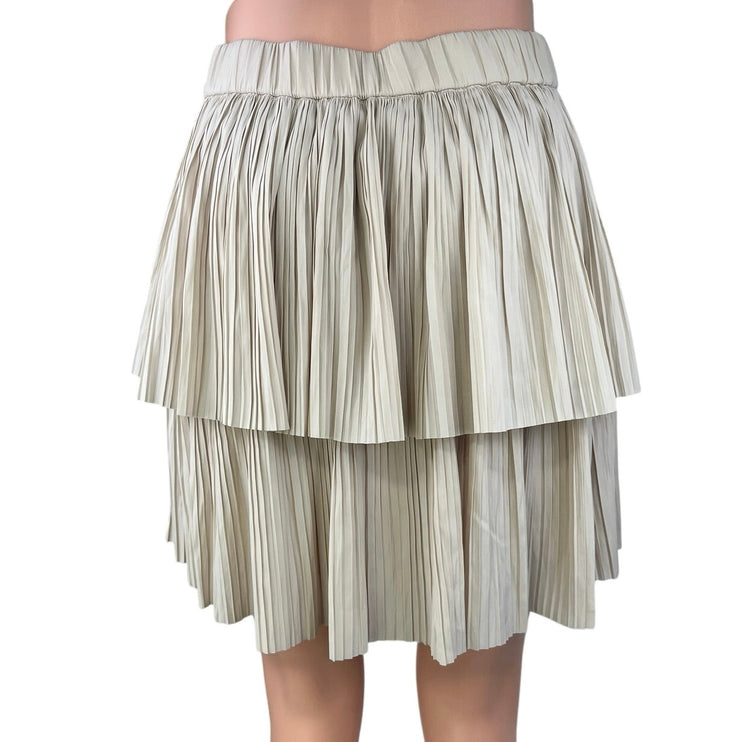 Berenice Cream White Elastic Waist Pleated Layered Tiered A-Line Mini Skirt 36