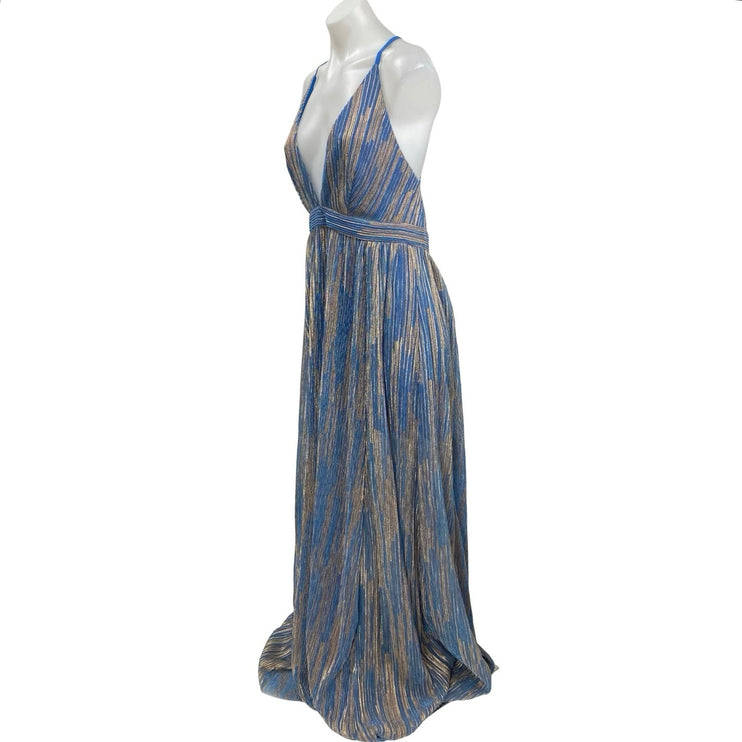 Fashion Nova Goddess Vibes Blue Metallic Mesh Sleeveless Maxi A-Line Dress Sz M