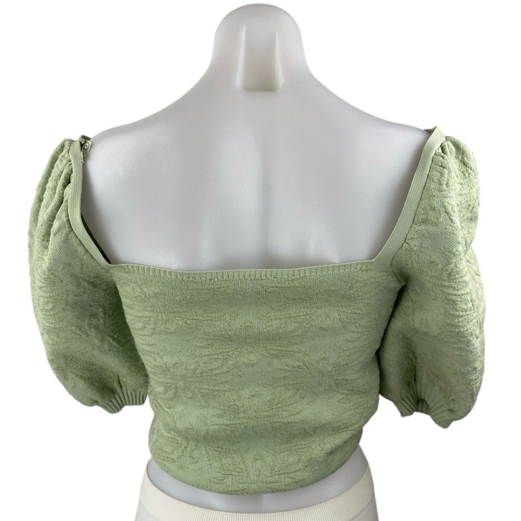 ZARA Light Green Jacquard Knit Short Puff Sleeve Square Neck Crop Blouse Top S