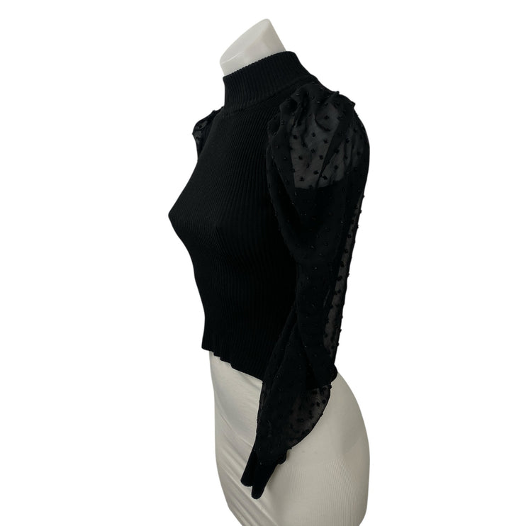 Crave Fame Women's Black Swiss Dot Long Sleeve Mesh Mock Neck Blouse Top Size XS