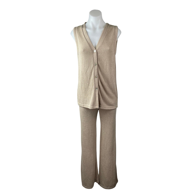 MNG Mango Beige Knit Sleeveless Button Up V Neck Wide Leg Pants 2 Pc Set Size S