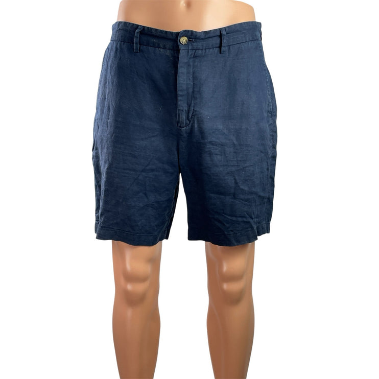 Zara 100% Linen Mens Blue Straight Leg High Waisted Pockets Chino Khaki Shorts L