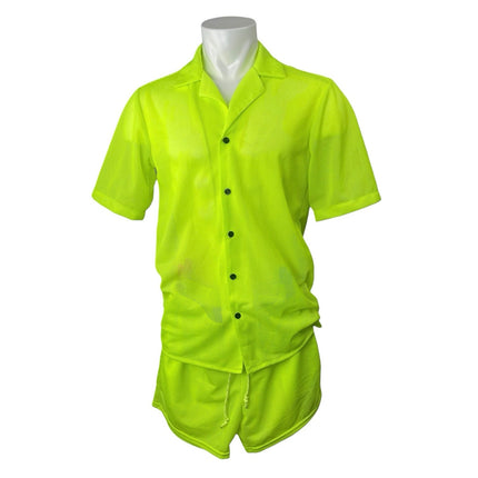 Reclaimed Vintage Neon Mesh Collared Button Down Shirt Short Tracksuit Set XS/S