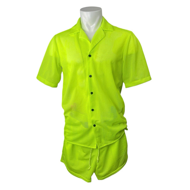 Reclaimed Vintage Neon Mesh Collared Button Down Shirt Short Tracksuit Set XS/S