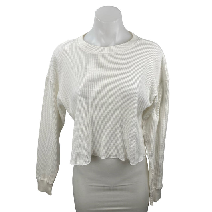 Aritzia TNA Womens White Waffle Knit Long Sleeve Thermal Sweater Crop Top Size S