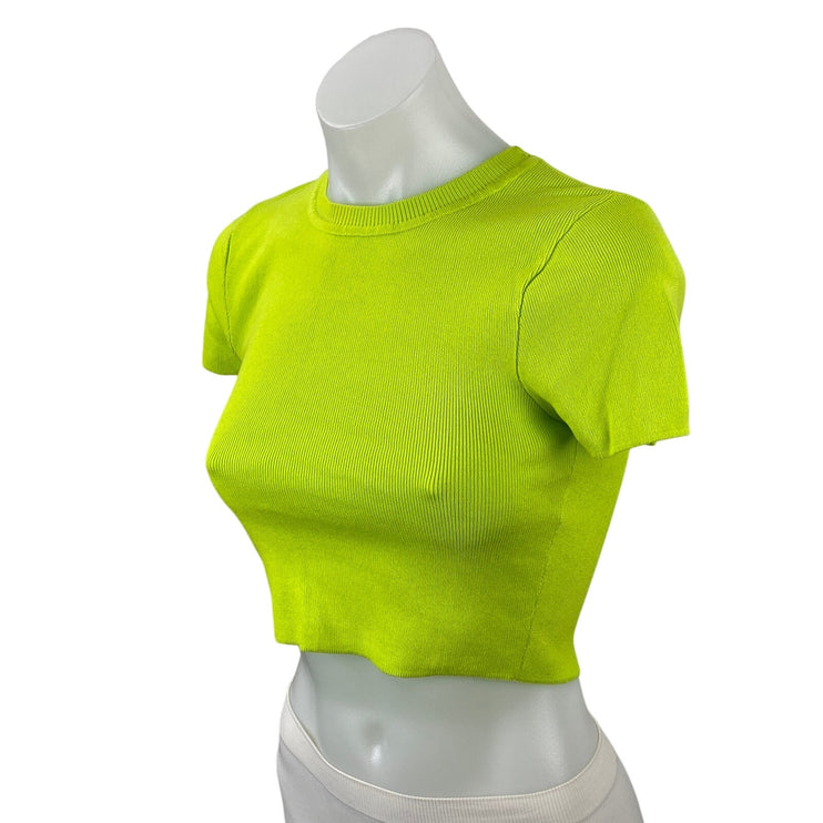 Zara Womens Neon Green Short Sleeve Ribbed Knit Crewneck T Shirt Crop Top Size S