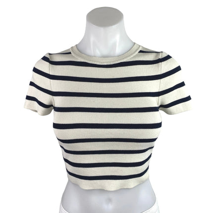 Zara Women's White Black Striped Rib Knit Short Sleeve Crop Tee T shirt Top Sz S