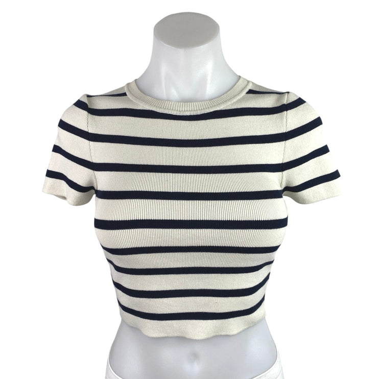 Zara Women's White Black Striped Rib Knit Short Sleeve Crop Tee T shirt Top Sz S