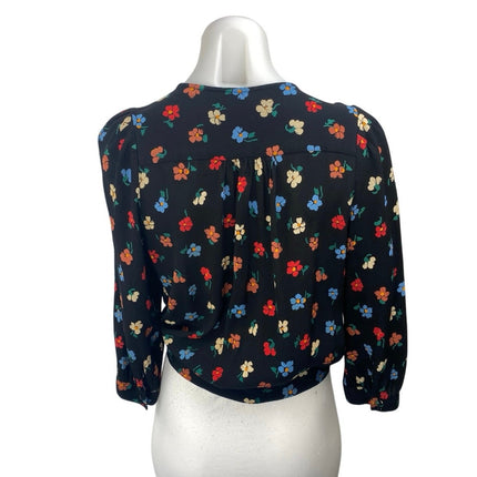 Madewell Women's Black Floral Print Long Puff Sleeve V-neck Wrap Blouse Top Sz M